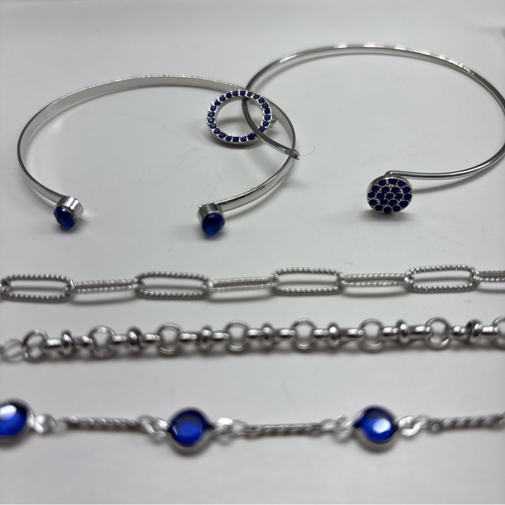 Sterling-Tone Blue Gemstone Layered Bracelet Set for Women